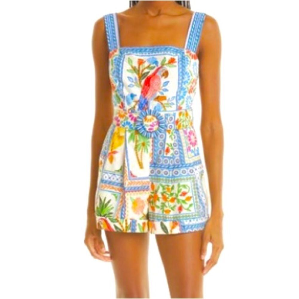 NEW FARM Rio Tropical Tiles Romper Tropical Macaw Shorts Cotton Beaded Size XL - Picture 3 of 16